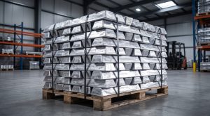 Stacked primary aluminum ingots (P1020) on a pallet in a Veltro Metals warehouse